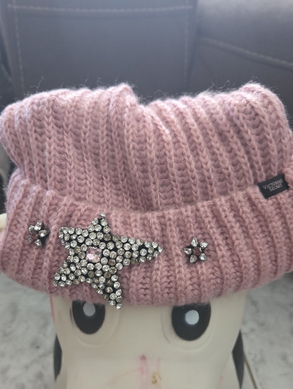Victoria's Secret Kids Pink Ribbed Beanie with Rhinestone Star Accents